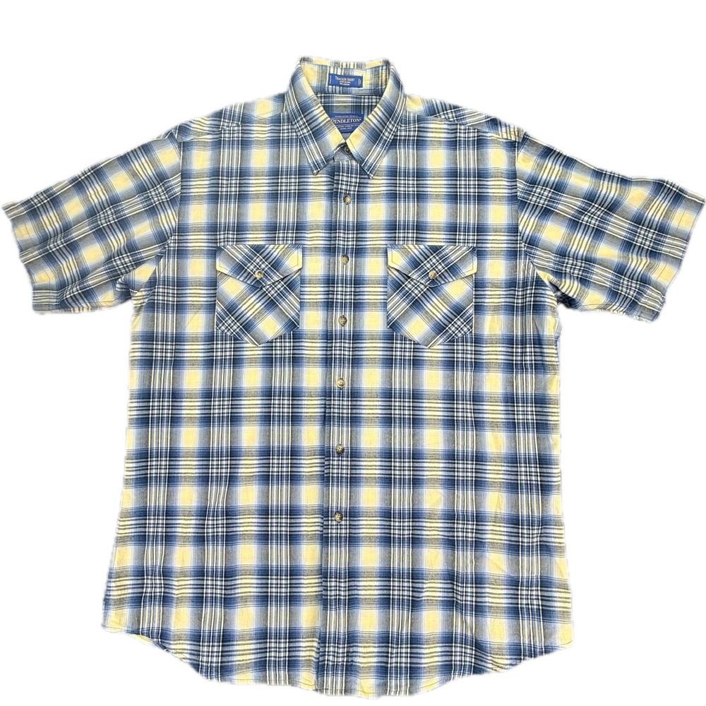 Pendleton Tracker Shirt Mens L Blue Yellow Plaid Short Sleeve Button Down Cotton